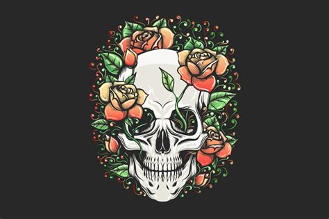 Skull With Rose Branch Tattoo By Olena1983 Thehungryjpeg