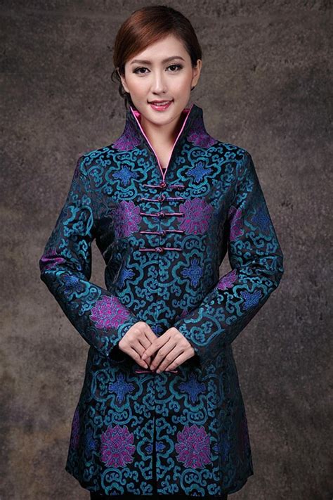 Discount Blue Chinese Womens Satin Long Jacket Classic Style V Neck Tang Suit Printing Single