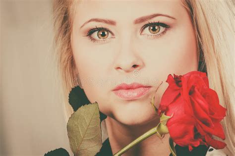 Closeup Woman Holding Red Rose Near Face Stock Image Image Of