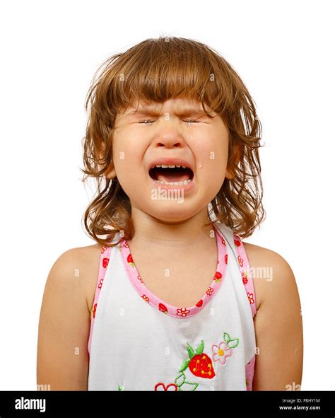 Portrait Of A Little Girl Crying Isolated On White Background Stock