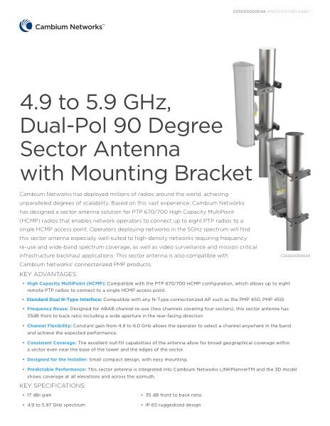 49 To 5 Ghz Dual Pole 90 Degree Sector Antenna Data Sheet English