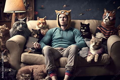A Crazy Cat Person Man Sitting On A Sofa With All His Feline Friends