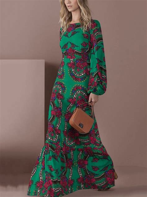 Elegant Green Long Sleeved Printed Maxi Dress Pickmewear Long