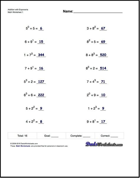 Evaluating expressions with multiple variablesget 3 of 4 questions to level up! The exponents worksheets in this section provide practice ...