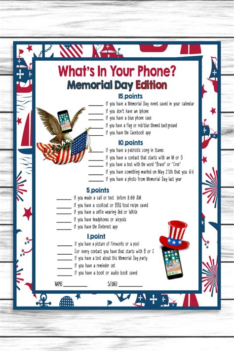 Memorial Day Party Phone Game Printable Teens Adults Party Activity