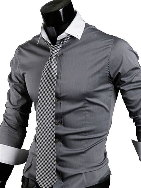 16 Men S Casual Slim Fit Long Sleeve Dress Shirt Dark Grey