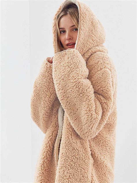 Revers Fuzzy Faux Fur Hooded Long Winter Coat Sunifty