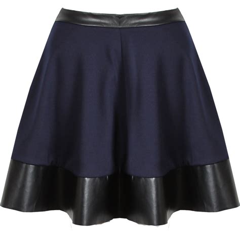 New Womens Navy Blue Pu Leather Trim Skater Skirt Mini Party High