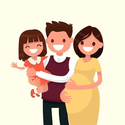 Retrato De Una Joven Familia Feliz Papá Hija Y Madre Embarazada