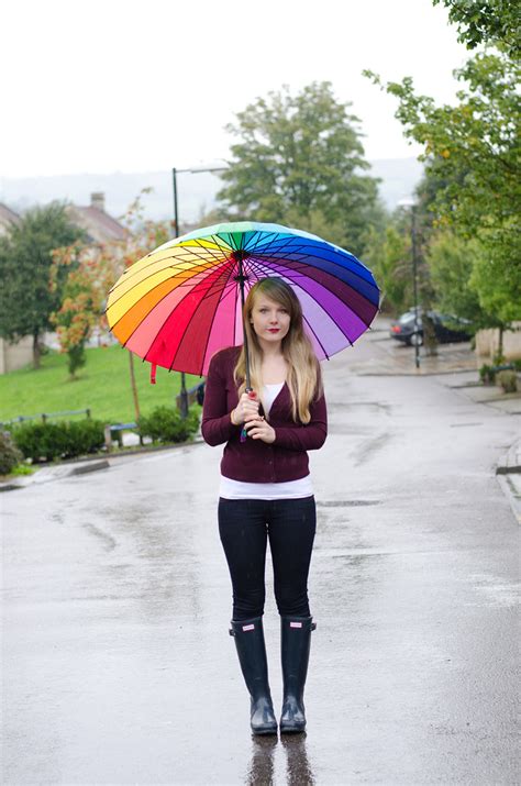 Rainbow Umbrella And Hunter Wellies Outfit In The Rain
