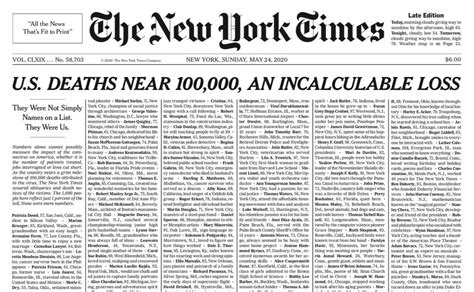 New York Times отвела первую полосу газеты именам жертв Covid 19 в США