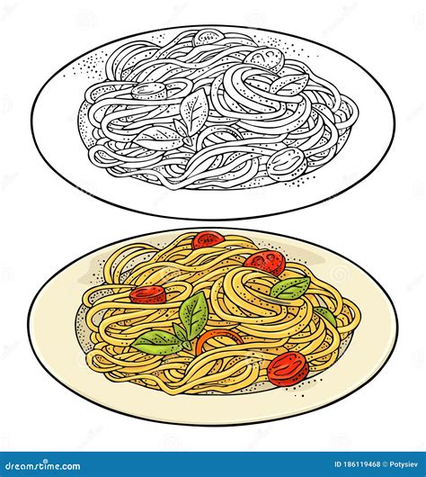 Spaghetti On Plate Vector Vintage Color Engraving Stock Vector