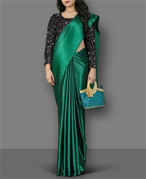 Plain Satin Silk Saree With Velvet Sequence Work Blouse Casual Wear Sarees Sarees Indian