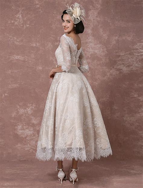 Lace Wedding Dress Vintage Bateau Champagne Half Sleeves Bridal Gown A Line Backless Tea Length