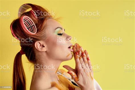 Young Redhead Woman With Shugaring Paste On Her Hands Face Body And