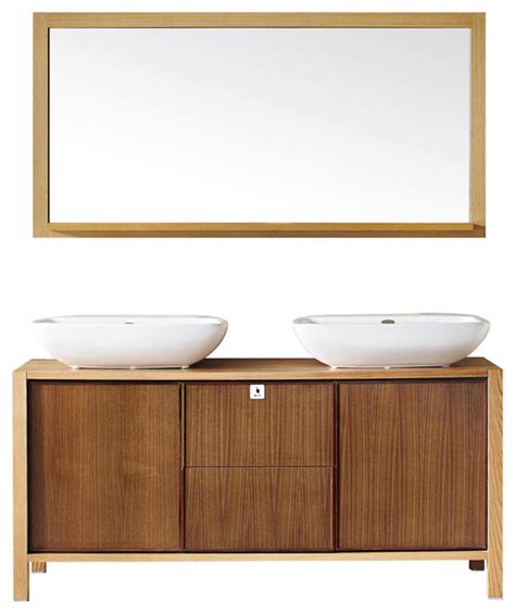 Vanity sinks come in a variety of installation types. Monza 60" Double Vanity in American Red Oak With Vessel Sink With Mirror - Contemporary ...