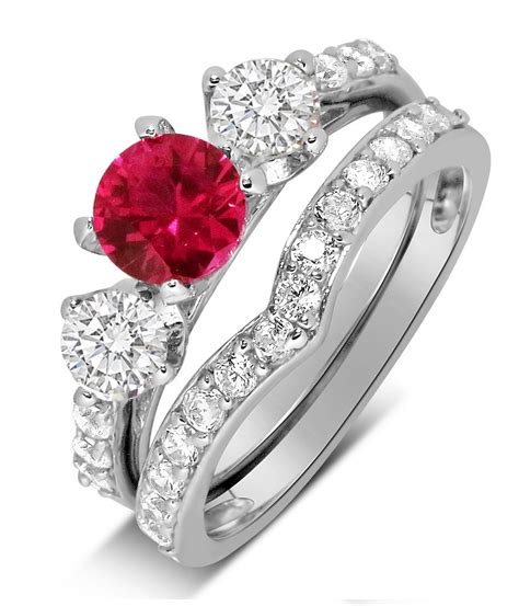 Luxurious 2 Carat Ruby And Diamond Wedding Ring Set In 10k White Gold