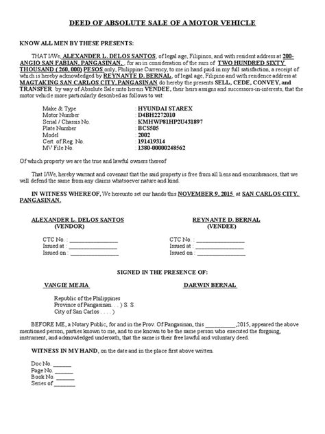Deed Of Absolute Sale Of A Motor Vehicledoc