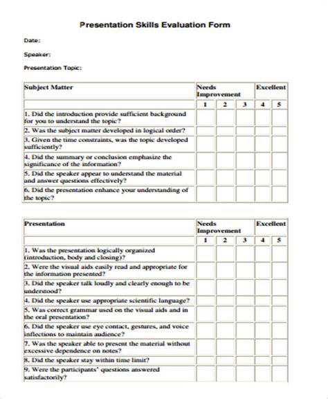 Presentation Evaluation Form Templates Sample Professional Template
