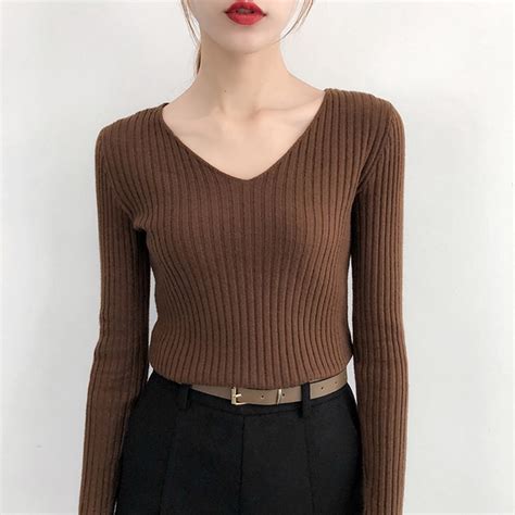 V Neck Sweater Women Autumn Winter New In Basic Bottoming Tight Fitting