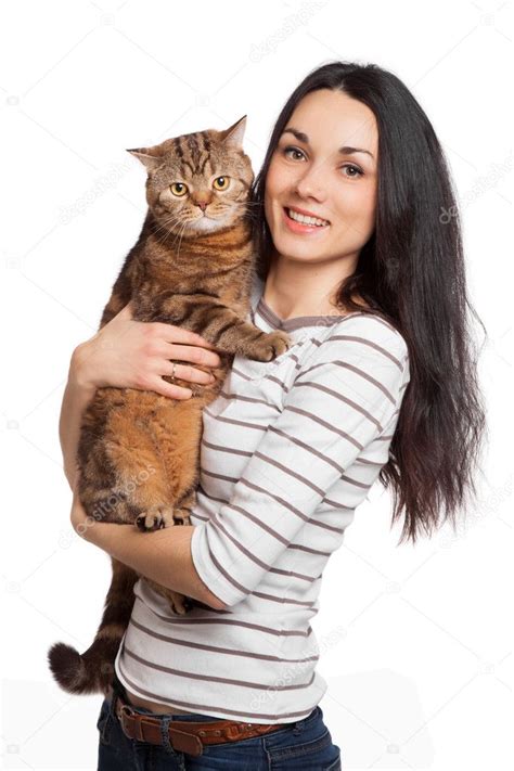 Beautiful Smiling Brunette Girl And Her Ginger Cat Over White Ba Stock Photo Lisiza