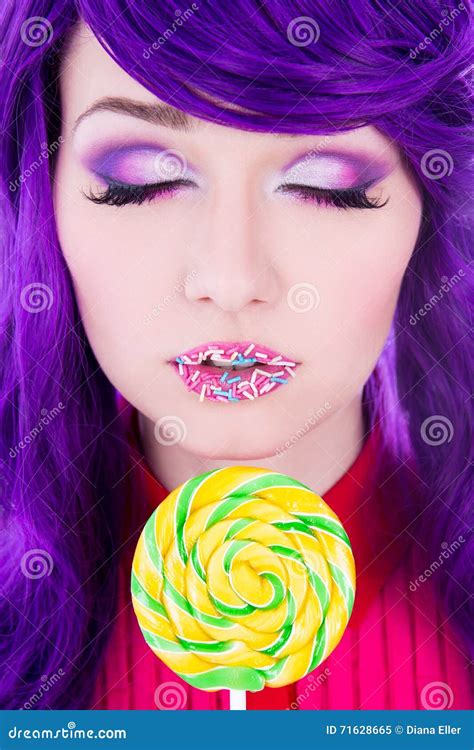 Young Beautiful Woman With Purple Hair Lollipop And Colorful Sugar