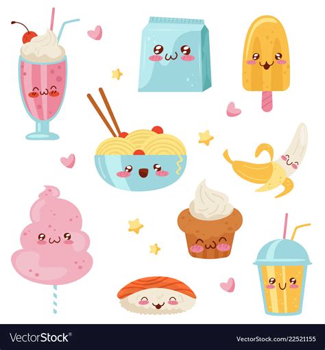 Cute Kawaii Food Cartoon Characters Set Desserts Vector Image