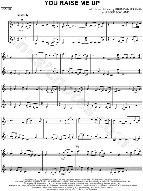 Josh Groban You Raise Me Up Violin Duet Sheet Music In F Major