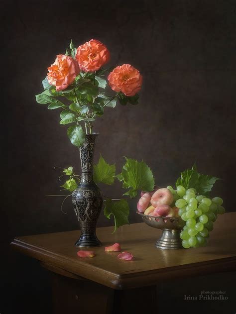 Still Life With Pink Roses And Fruits Still Life Photography