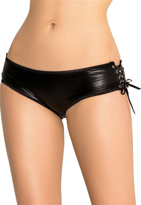Intimate Fantasies Sexy Black PVC Wet Look Knickers Crotchless Tie Side