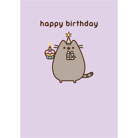 Pusheen The Cat Holding A Present And Birthday Cupcake Wearing A Party