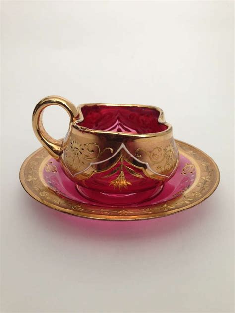 Set Of Six Individual Moser Cups And Saucers Gilt And Enameled C 1900 At 1stdibs