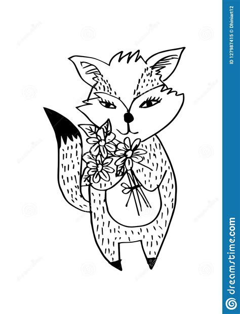 Cartoon Cute Fox With Flowers Stock Vector Illustration Of Foxy