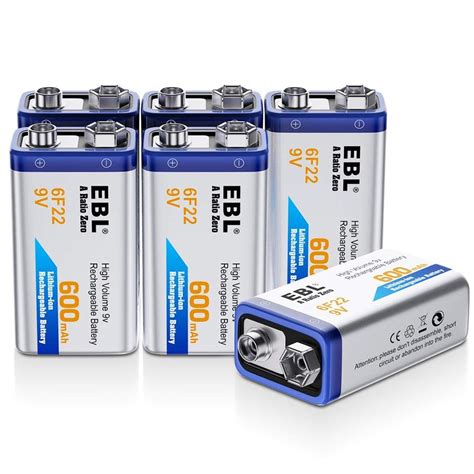 Ebl 9 Volt 600mah Li Ion Rechargeable 9v Batteries Lithium Ion 6 Pack