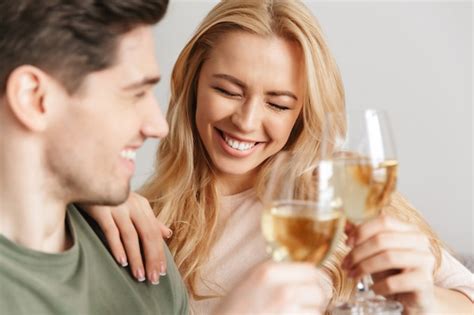 Premium Photo Happy Young Loving Couple Drinking Alcohol White Wine Champagne