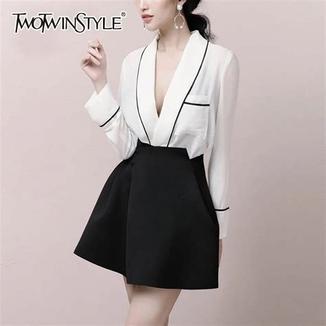 twotwinstyle sext v neck shirt black skirt suits women long sleeve shirt blouse tops female high