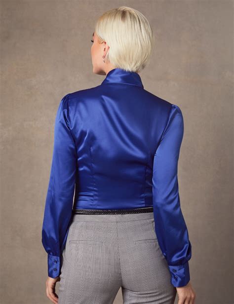 Womens Blue Fitted Luxury Satin Blouse Pussy Bow Hawes And Curtis