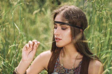 Portrait Of Beautiful Hippie Girl Sitting On Grass Stock Image Image