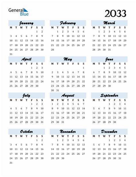 2033 Yearly Calendar Templates With Monday Start