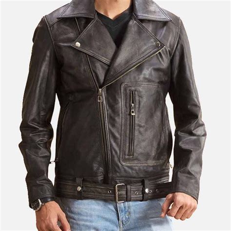 Mens Designer Belted Style Distressed Black Asymmetrical Biker Jacket