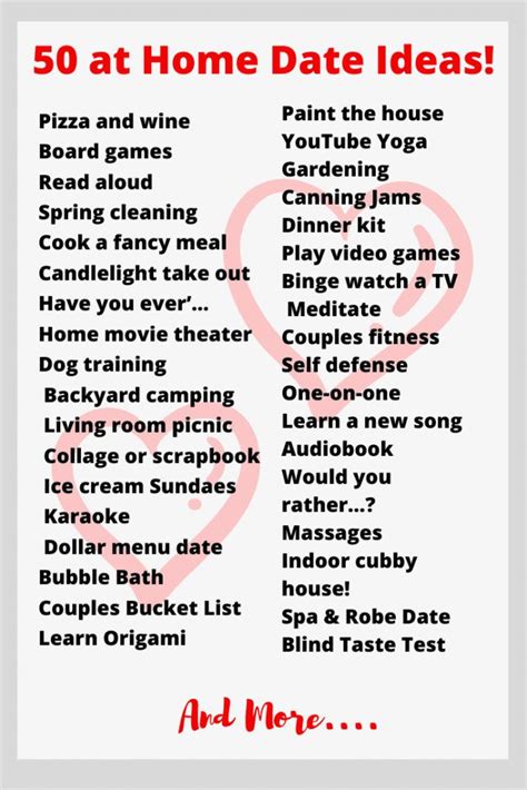 A Poster With The Words At Home Date Ideas In Red And Black On It