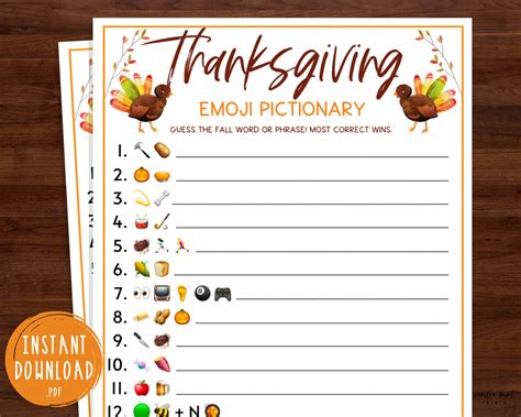 Thanksgiving Emoji Pictionary Game Thanksgiving Printable Etsy New