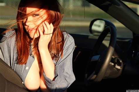 wallpaper redhead model glasses pornstar looking at viewer vehicle big boobs lipstick
