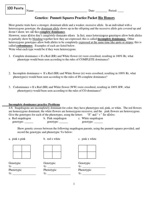 Punnett squares are used to figure out the possible gene combinations from a genetic cross. biology punnett square packet 2012 | Dominance (Genetics ...