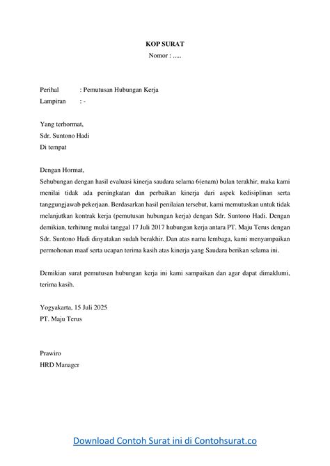 Contoh Surat Pemutusan Hubungan Kerja Doc Holliday Imagesee