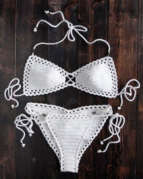 Annato Beaded White Crochet Bikini Set With Brazilian Scrunch Bottoms