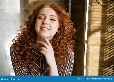 Portrait Of Happy Redhead Young Woman Near Window Stock Image Image