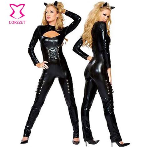 Hot Black Front Zipper Sexy Pvc Latex Catsuit Women Cat Costume