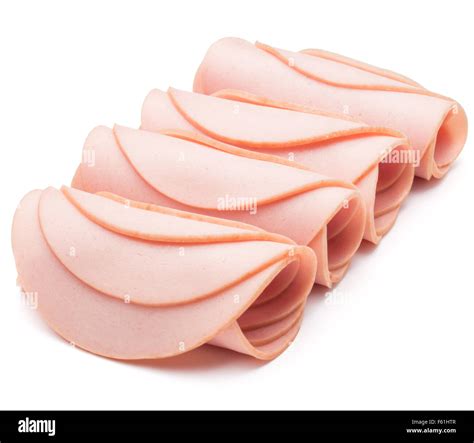 Cooked Boiled Ham Sausage Or Rolled Bologna Slices Isolated On White