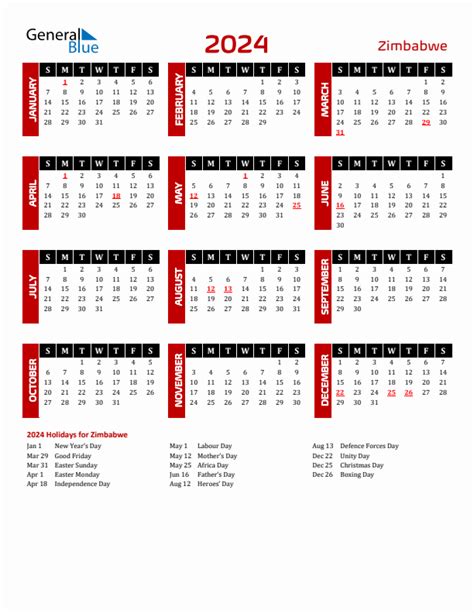 Calendar 2024 Zimbabwe Brook Collete